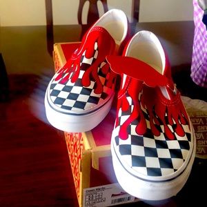 Brand new never work checkered flame slip ons
